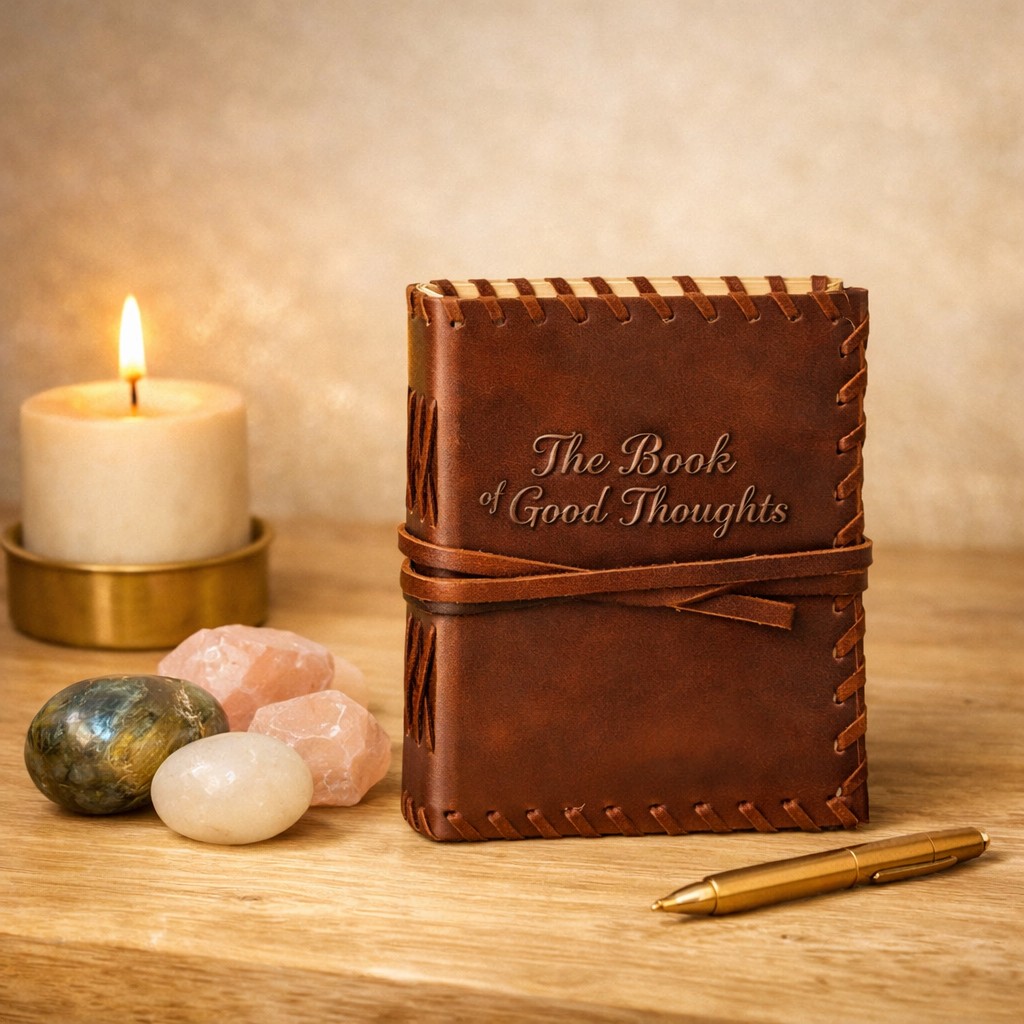 Carnet en cuir marron fermé avec lanière, posé sur une table en bois clair, entouré de cristaux et d’une bougie crème dans une ambiance beige doré douce.