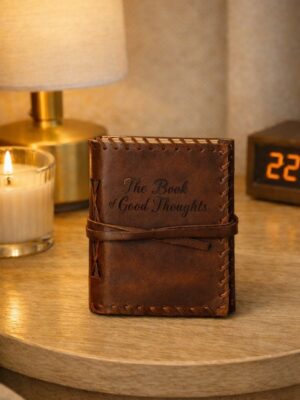 Carnet en cuir marron fermé avec lanière, posé sur une table de nuit en bois clair, à côté d’une bougie crème et d’une lampe dorée, ambiance beige doré douce et chaleureuse.
