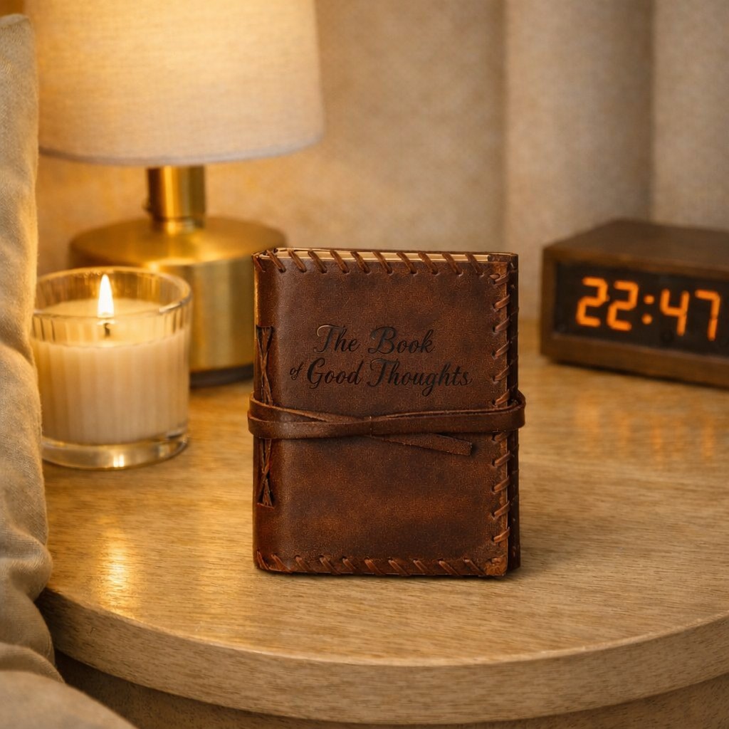 Carnet en cuir marron fermé avec lanière, posé sur une table de nuit en bois clair, à côté d’une bougie crème et d’une lampe dorée, ambiance beige doré douce et chaleureuse.
