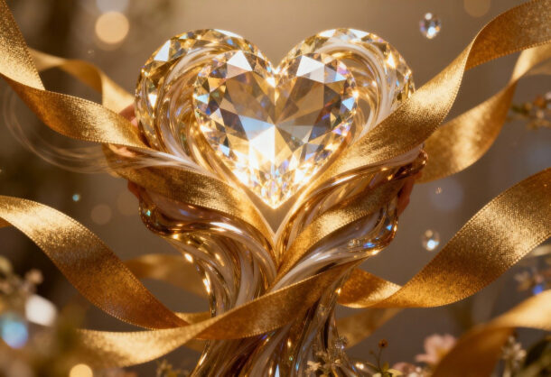 love, pure, symbol, hyperrealism, heart, romance, romantic, feelings, golden, ribbons, generated by ai