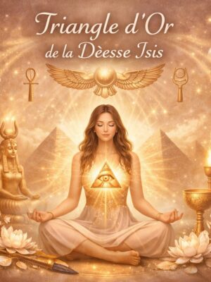 Femme en méditation entourée d’une aura dorée, symbole du Triangle d’Or de la Déesse Isis, ambiance égyptienne douce et lumineuse.