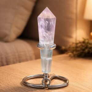 Pointe de Fluorite Rainbow naturelle sur socle – nuances multicolores uniques.