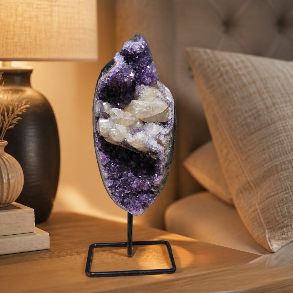 IMAGE MISE EN SCENE D UNE AMETHYSTE SUR SOCLE