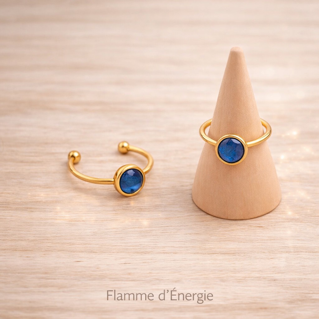 collection de bague acier et pierre naturelle - jonc cyanite bleue