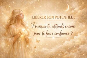 Visuel mystique beige et doré représentant une femme blonde lumineuse, symbole de confiance et de libération intérieure.