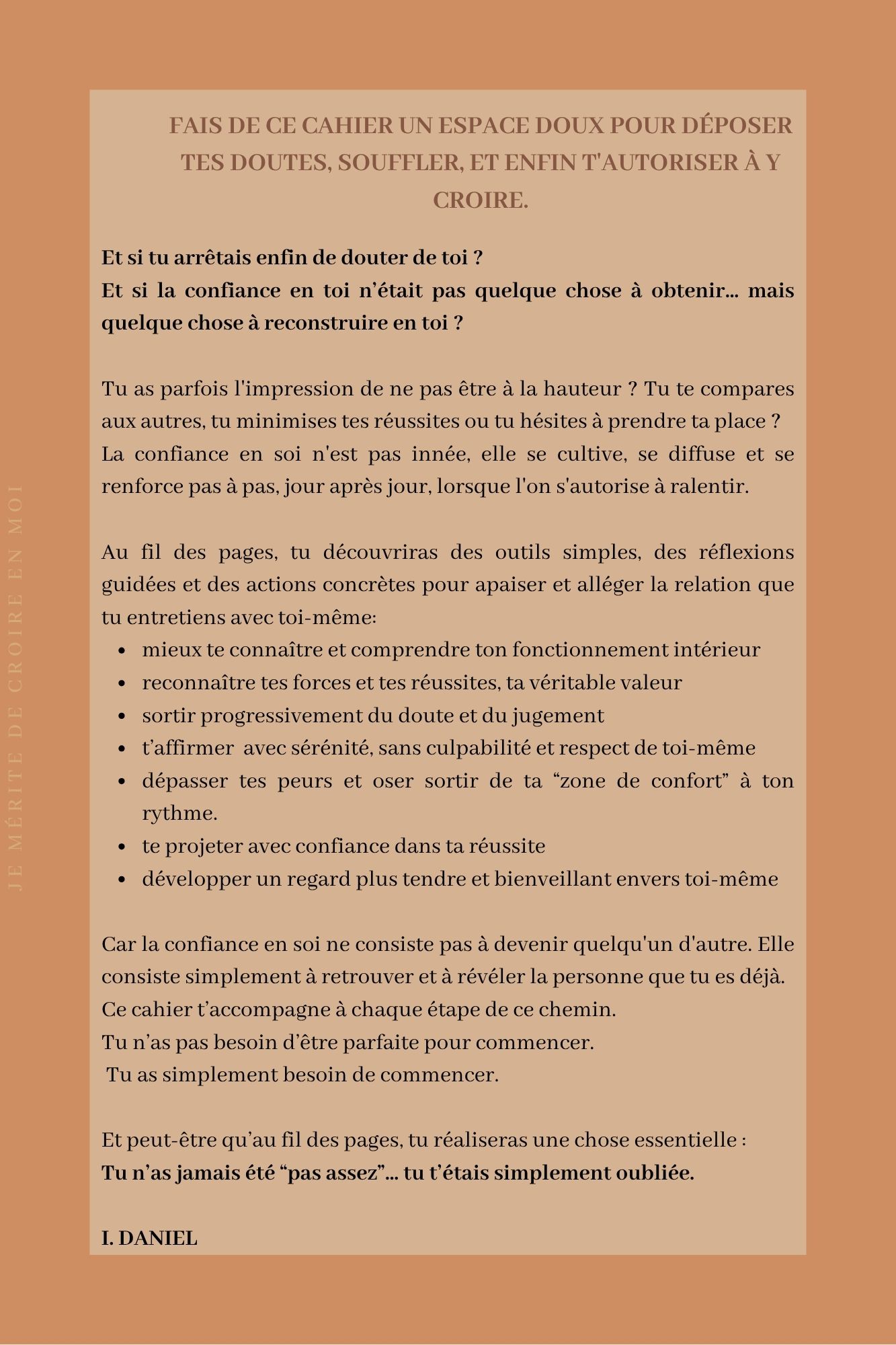 Quatrième de couverture du cahier d'exercices de développement personnel, présentant le résumé et les objectifs pour retrouver l'estime de soi.