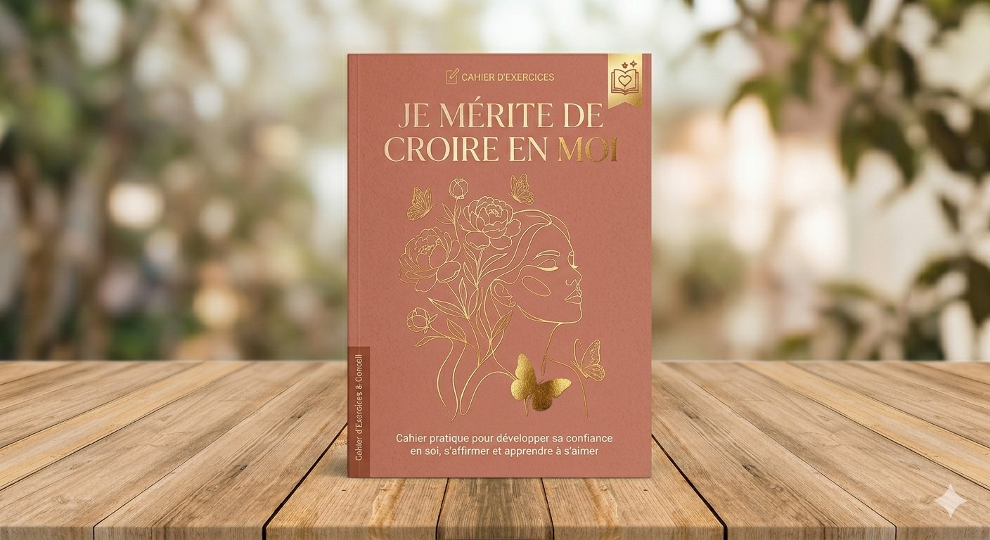 Couverture terracotta et or du cahier d'exercices au format PDF pour reprendre confiance en soi et apprendre à s'aimer.