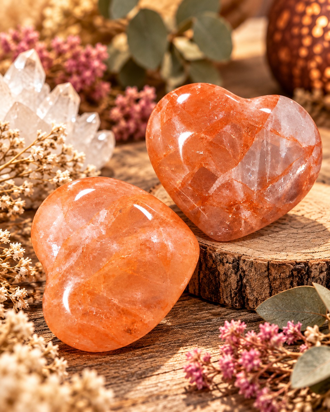 Cœurs en quartz hématoïde naturel orange de Madagascar