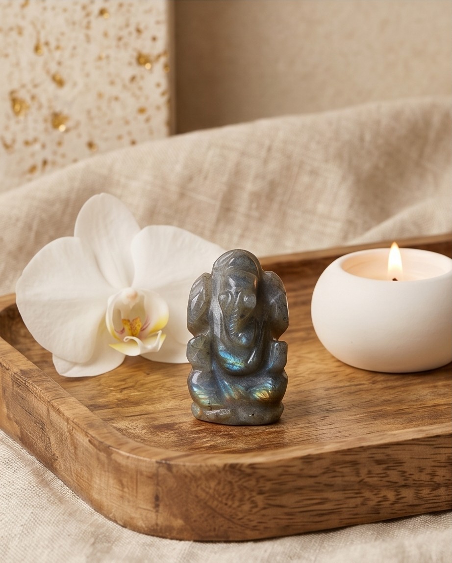Ganesh en Labradorite 3 cm – Sculpture Symbolique & Pierre Naturelle