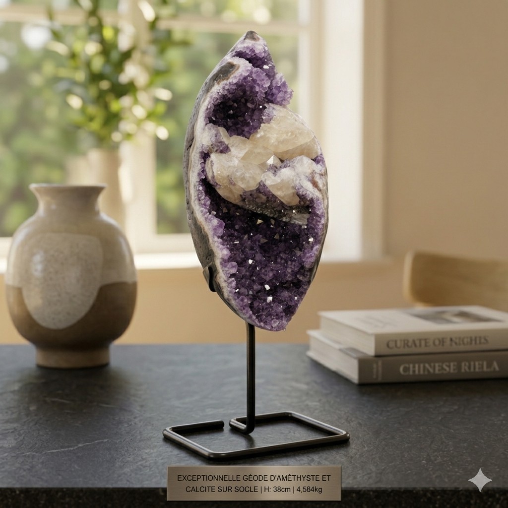 Photo haute définition d'une rare géode d'Améthyste d'Uruguay aux cristaux violet profond, avec inclusions de cristaux de Calcite blanche, montée sur son socle en métal noir minimaliste. La pièce est présentée sur un comptoir en granite noir dans un intérieur élégant et lumineux.