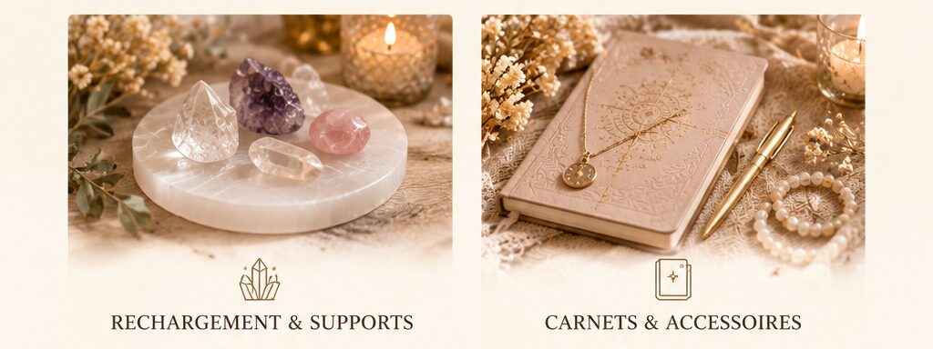 rechargement minéraux et acarnets dans une ambiance douce avec bougie et quartz rose