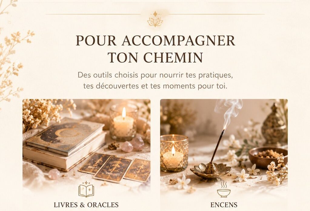 Livres et oracles dans une ambiance douce avec bougie et quartz rose
