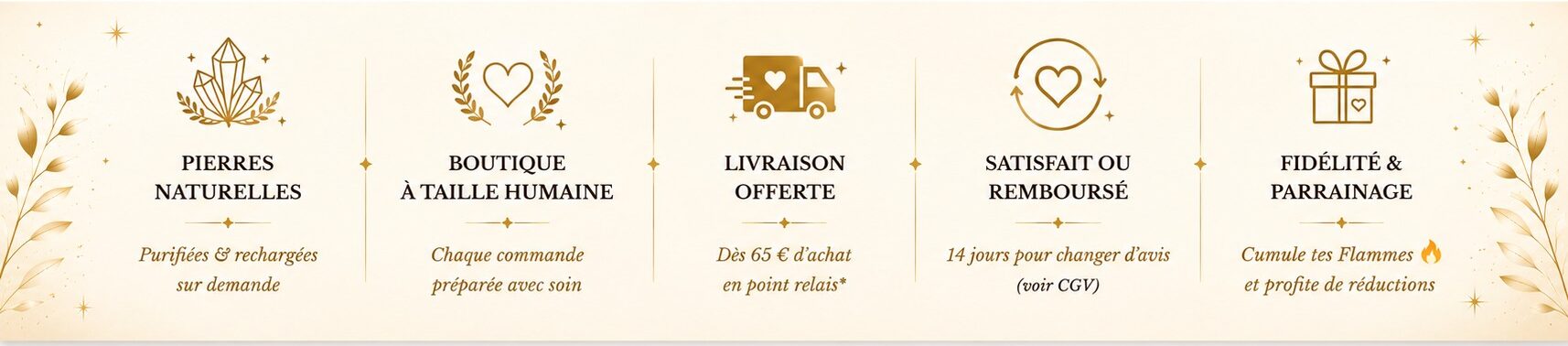 banniere flamme d'énergie livraison offerte, programme fidélité, pierre naturelle, satisfait ou remboursé