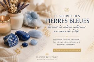 le secret des pierres bleues Pierres bleues naturelles dans une ambiance douce et lumineuse avec bougie et fleurs séchées