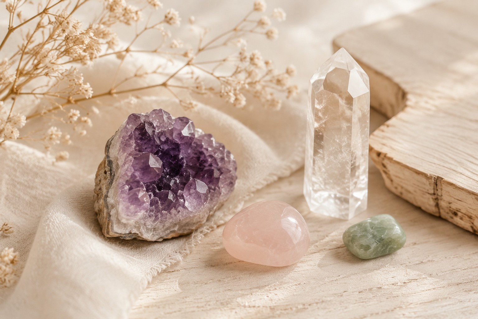 lithothérapie et minéraux pierres naturelles lithothérapie flamme d 'énergie pour un retour vers soi Améthyste, quartz rose, cristal de roche et pierre verte sur fond naturel flamme d'énergie retour vers soi