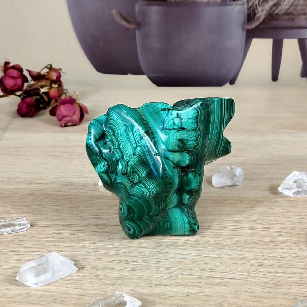 Forme libre en malachite naturelle du Congo de 286 g taillée et polie en France