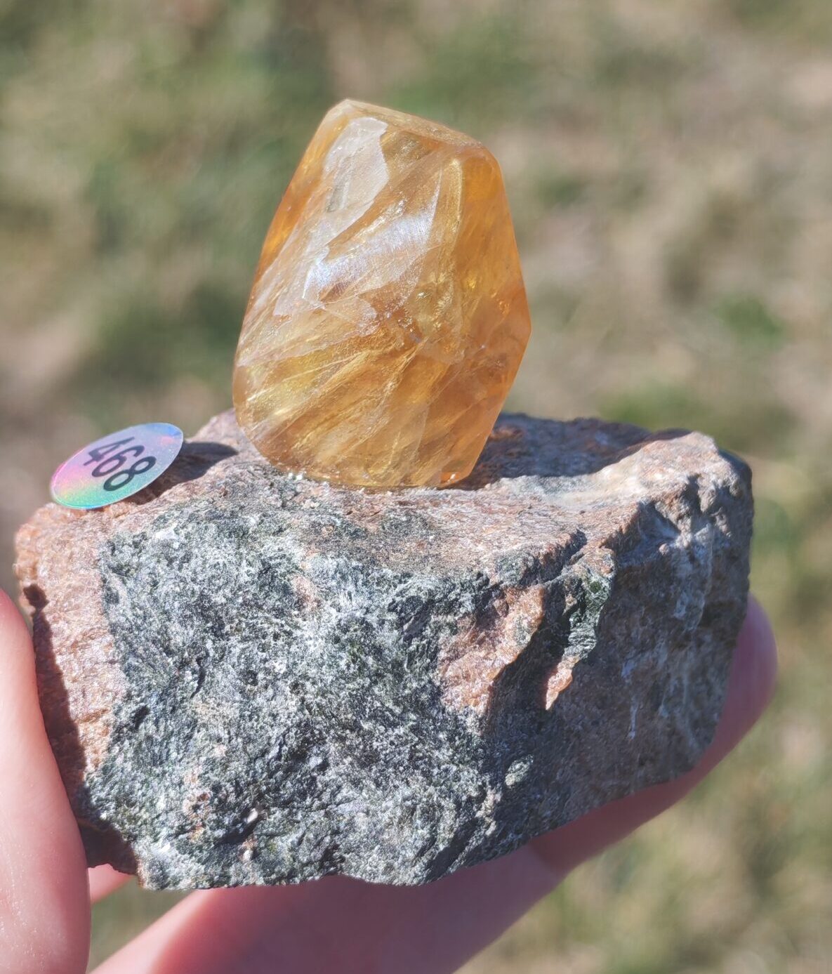 Fluorite jaune doré sur sa matrice brute verte et rosée, photographiée en extérieur avec la référence 468